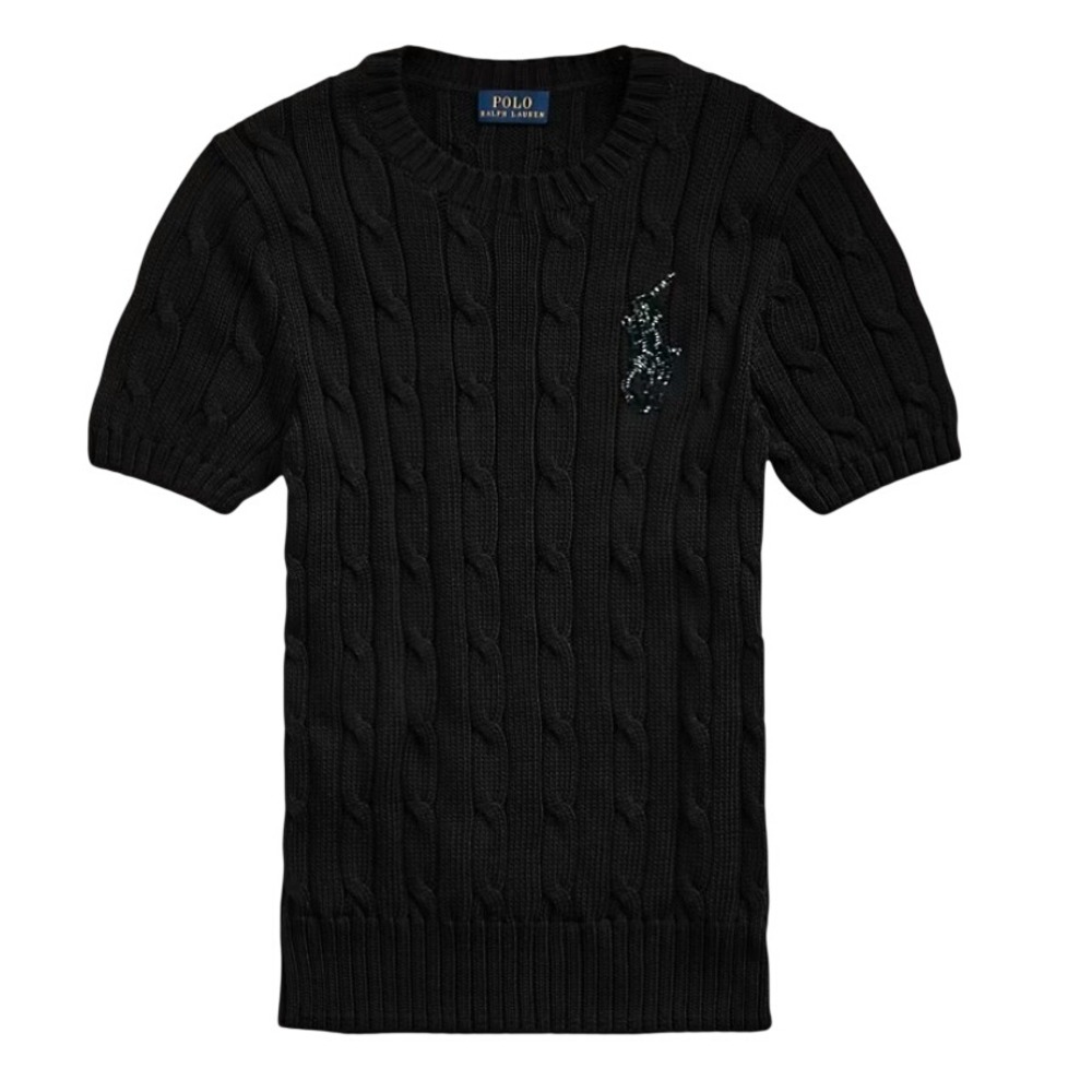 NWT Polo Ralph Lauren Cable Knit Sweater Short Sleeve Black Beaded Pony Logo XS